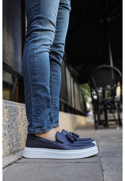 MirgeShoes Lacivert Tokalı Erkek Loafer Ayakkabı Kalın BYZ Taban MRG01062445