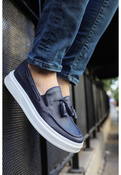 MirgeShoes Lacivert Tokalı Erkek Loafer Ayakkabı Kalın BYZ Taban MRG01062445
