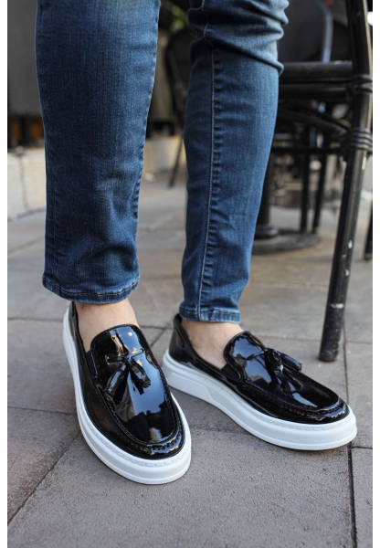 MirgeShoes Parlak Siyah Tokalı Erkek Loafer Ayakkabı Kalın BYZ Taban MRG01062445