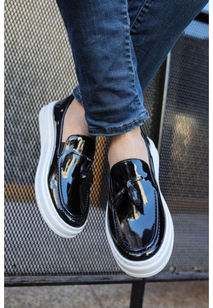 MirgeShoes Parlak Siyah Tokalı Erkek Loafer Ayakkabı Kalın BYZ Taban MRG01062445