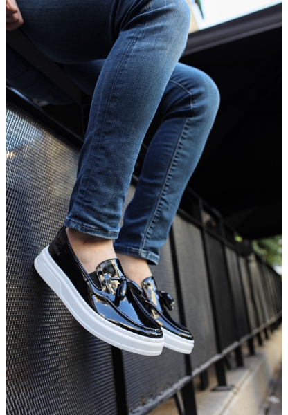 MirgeShoes Parlak Siyah Tokalı Erkek Loafer Ayakkabı Kalın BYZ Taban MRG01062445