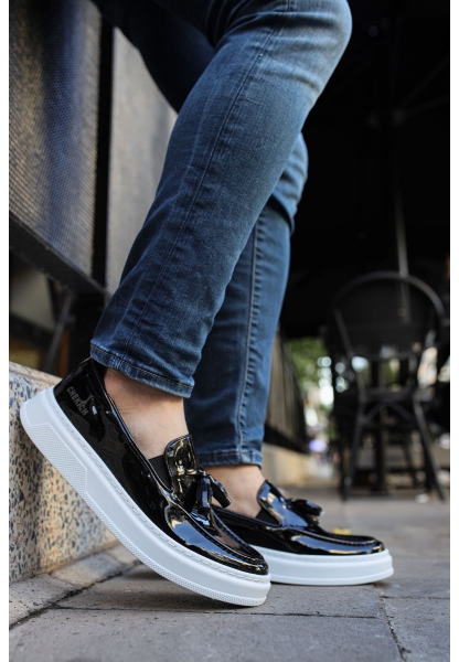 MirgeShoes Parlak Siyah Tokalı Erkek Loafer Ayakkabı Kalın BYZ Taban MRG01062445