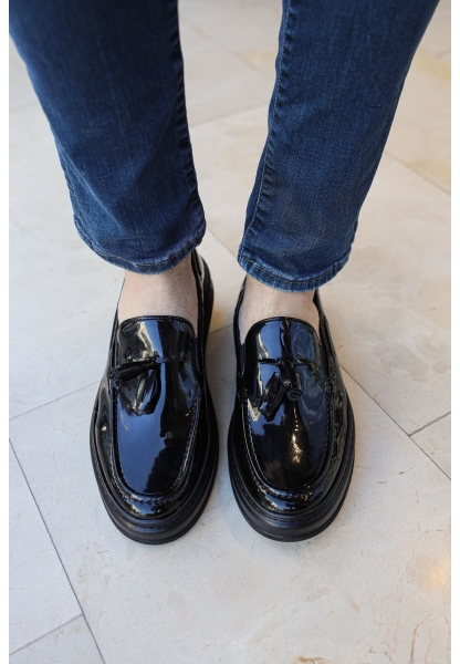 MirgeShoes Parlak Siyah Tokalı Erkek Loafer Ayakkabı Kalın SYH Taban MRG01062445