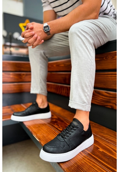 MirgeShoes Siyah Bağcıklı Erkek Oxford Ayakkabı Yüksek Kalın BYZ Taban MRG01062471