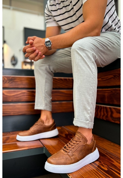 MirgeShoes Taba Bağcıklı Erkek Oxford Ayakkabı Yüksek Kalın BYZ Taban MRG01062471