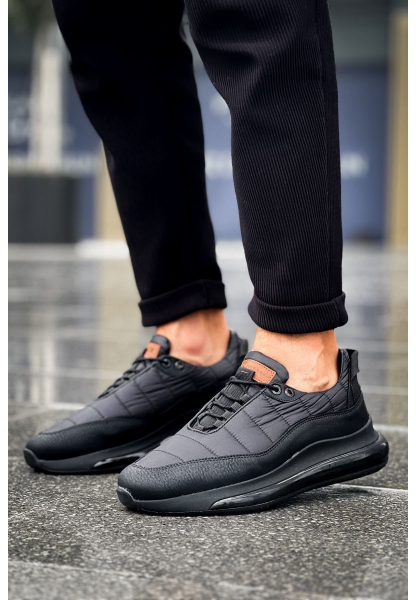 MirgeShoes Siyah Erkek Sport Runner Ayakkabı Bağcıklı Rahat Kalın SYH Taban MRG01062497