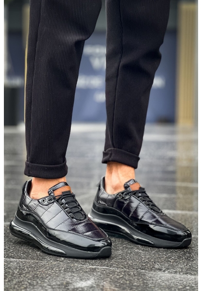 MirgeShoes Parlak Siyah Erkek Sport Runner Ayakkabı Bağcıklı Rahat Kalın SYH Taban MRG01062497
