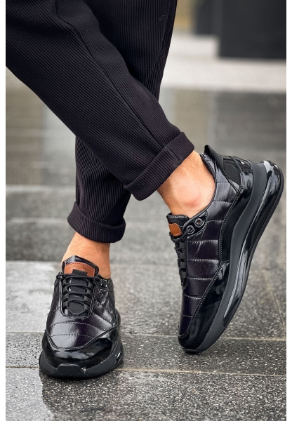 MirgeShoes Parlak Siyah Erkek Sport Runner Ayakkabı Bağcıklı Rahat Kalın SYH Taban MRG01062497