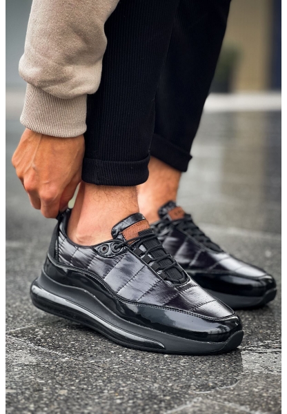MirgeShoes Parlak Siyah Erkek Sport Runner Ayakkabı Bağcıklı Rahat Kalın SYH Taban MRG01062497