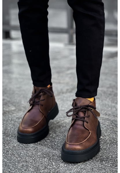 MirgeShoes Kahve Bağcıklı Fermuarlı Erkek Yarım Bilek Bot Kalın SYH Taban MRG01062531