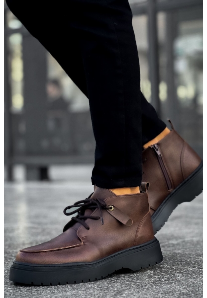 MirgeShoes Kahve Bağcıklı Fermuarlı Erkek Yarım Bilek Bot Kalın SYH Taban MRG01062531