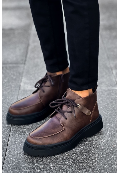 MirgeShoes Kahve Bağcıklı Fermuarlı Erkek Yarım Bilek Bot Kalın SYH Taban MRG01062531