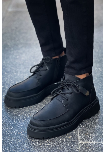 MirgeShoes Siyah Bağcıklı Fermuarlı Erkek Yarım Bilek Bot Cilt Kalın SYH Taban MRG01062531
