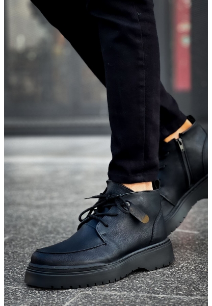 MirgeShoes Siyah Bağcıklı Fermuarlı Erkek Yarım Bilek Bot Cilt Kalın SYH Taban MRG01062531