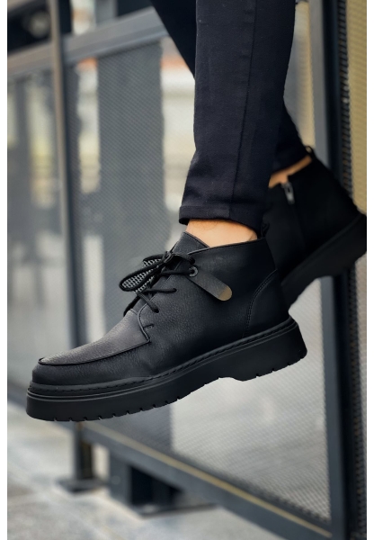 MirgeShoes Siyah Bağcıklı Fermuarlı Erkek Yarım Bilek Bot Cilt Kalın SYH Taban MRG01062531