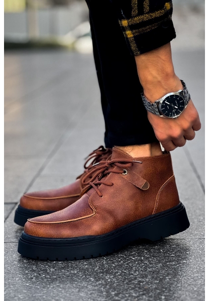 MirgeShoes Koyu Taba Bağcıklı Fermuarlı Erkek Yarım Bilek Bot Kalın SYH Taban MRG01062531