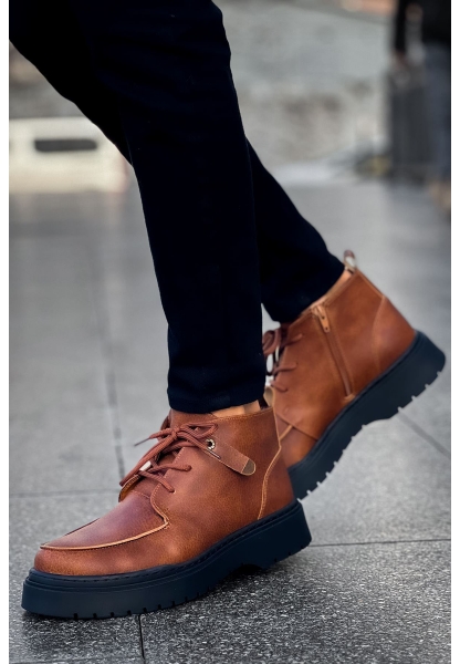 MirgeShoes Koyu Taba Bağcıklı Fermuarlı Erkek Yarım Bilek Bot Kalın SYH Taban MRG01062531