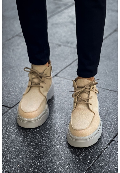 MirgeShoes Kum Bağcıklı Fermuarlı Erkek Yarım Bilek Bot Kalın KREM Taban MRG01062531