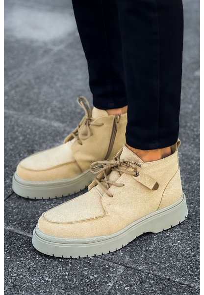 MirgeShoes Kum Bağcıklı Fermuarlı Erkek Yarım Bilek Bot Kalın KREM Taban MRG01062531