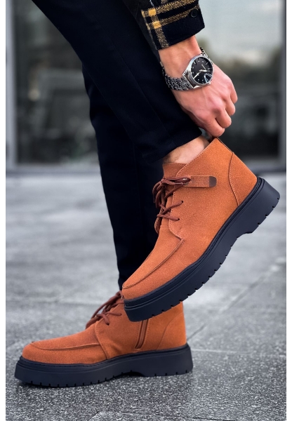 MirgeShoes Taba Bağcıklı Fermuarlı Erkek Yarım Bilek Bot Kalın SYH Taban MRG01062531