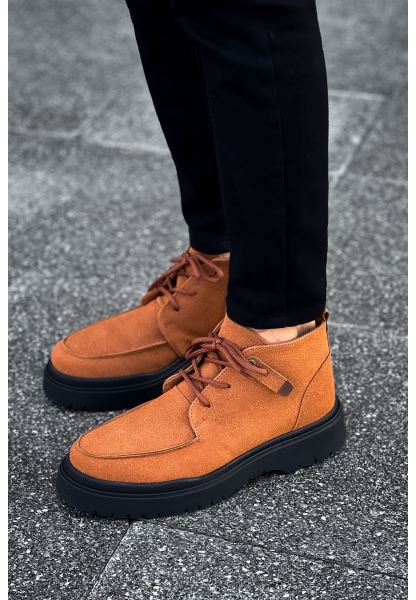 MirgeShoes Taba Bağcıklı Fermuarlı Erkek Yarım Bilek Bot Kalın SYH Taban MRG01062531