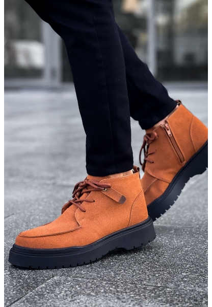 MirgeShoes Taba Bağcıklı Fermuarlı Erkek Yarım Bilek Bot Kalın SYH Taban MRG01062531