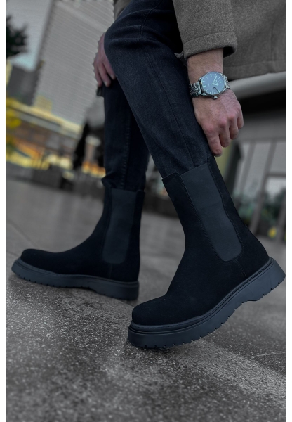 MirgeShoes Siyah Lastikli Erkek Postal Bot Süet Kalın SYH Taban MRG01062541