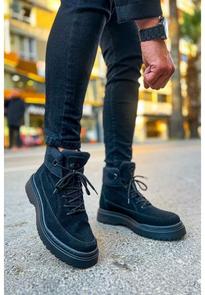 MirgeShoes Siyah Bağcıklı Erkek Yarım Bilek Tarz Model Kalın SYH Taban MRG01062543