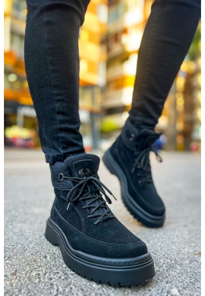 MirgeShoes Siyah Bağcıklı Erkek Yarım Bilek Tarz Model Kalın SYH Taban MRG01062543