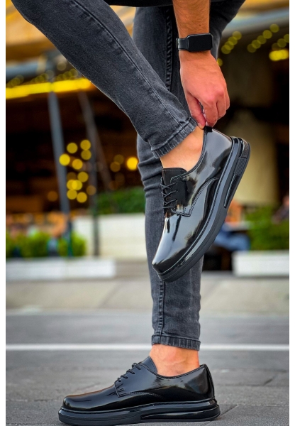 MirgeShoes Parlak Siyah Bağcıklı Erkek Klasik Ayakkabı Kalın SYH Taban MRG01064721