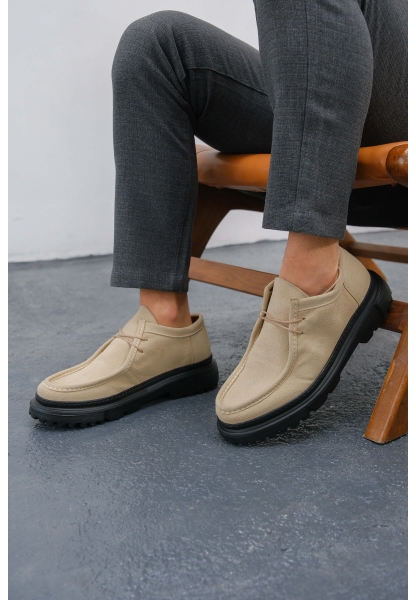 MirgeShoes Bej Bağcıklı Erkek Klasik Model Ayakkabı Kalın SYH Taban MRG01064722