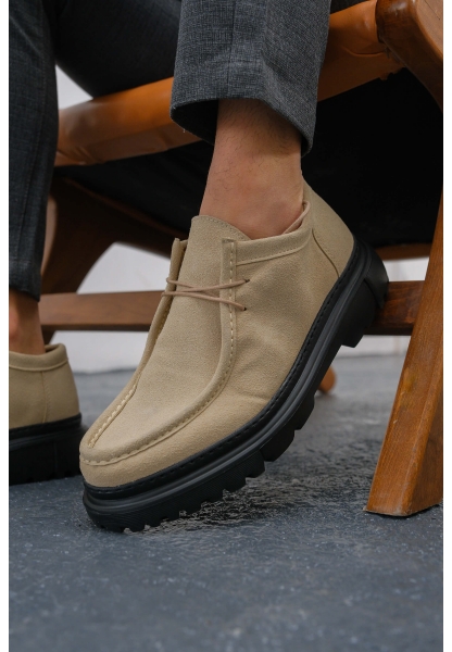 MirgeShoes Bej Bağcıklı Erkek Klasik Model Ayakkabı Kalın SYH Taban MRG01064722