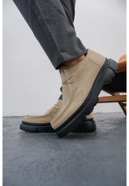 MirgeShoes Bej Bağcıklı Erkek Klasik Model Ayakkabı Kalın SYH Taban MRG01064722