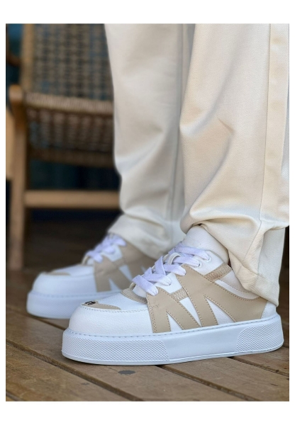 MirgeShoes Beyaz-Bej Bağcıklı Erkek Star Spor Ayakkabı Kalın BYZ Taban MRG01064725