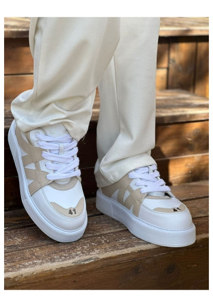 MirgeShoes Beyaz-Bej Bağcıklı Erkek Star Spor Ayakkabı Kalın BYZ Taban MRG01064725