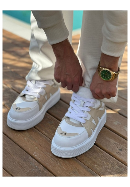 MirgeShoes Beyaz-Bej Bağcıklı Erkek Star Spor Ayakkabı Kalın BYZ Taban MRG01064725