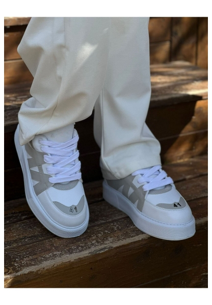 MirgeShoes Beyaz-Gri Bağcıklı Erkek Star Spor Ayakkabı Kalın BYZ Taban MRG01064725