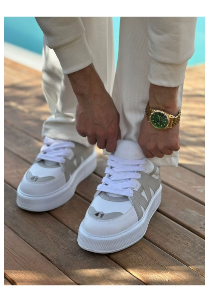 MirgeShoes Beyaz-Gri Bağcıklı Erkek Star Spor Ayakkabı Kalın BYZ Taban MRG01064725