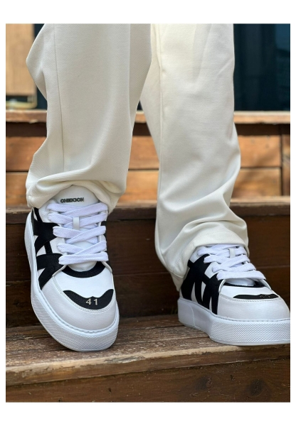 MirgeShoes Beyaz-Siyah Bağcıklı Erkek Star Spor Ayakkabı Kalın BYZ Taban MRG01064725