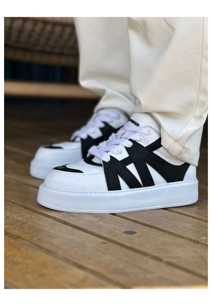 MirgeShoes Beyaz-Siyah Bağcıklı Erkek Star Spor Ayakkabı Kalın BYZ Taban MRG01064725