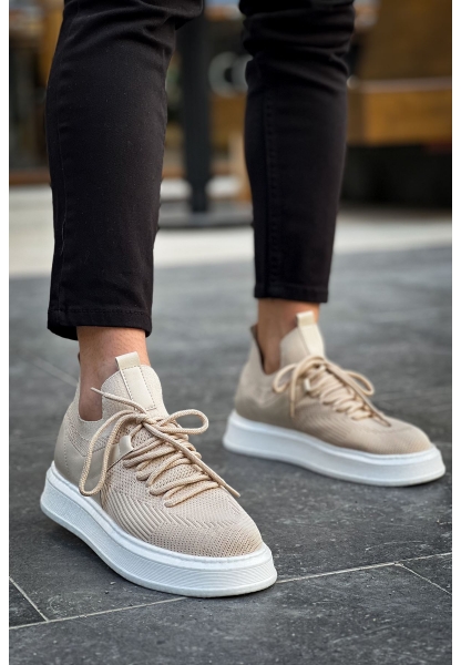 MirgeShoes Krem Bağcıklı Erkek Tarz Spor Ayakkabı Günlük Rahat Kalın BYZ Taban MRG01064726