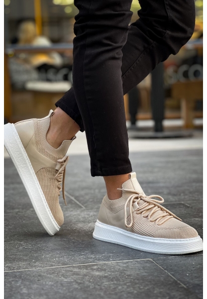 MirgeShoes Krem Bağcıklı Erkek Tarz Spor Ayakkabı Günlük Rahat Kalın BYZ Taban MRG01064726