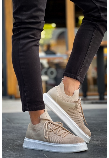 MirgeShoes Krem Bağcıklı Erkek Tarz Spor Ayakkabı Günlük Rahat Kalın BYZ Taban MRG01064726
