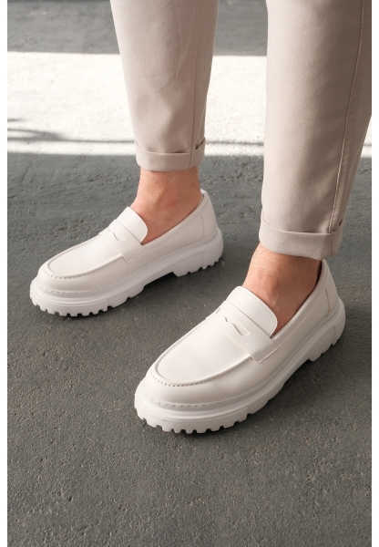 MirgeShoes Beyaz Bağcıksız Erkek Loafer Ayakkabı Yüksek Kalın BYZ Taban MRG01064735