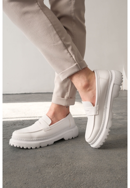 MirgeShoes Beyaz Bağcıksız Erkek Loafer Ayakkabı Yüksek Kalın BYZ Taban MRG01064735