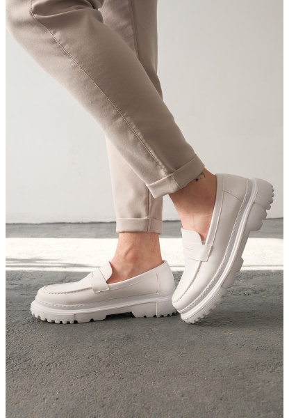 MirgeShoes Beyaz Bağcıksız Erkek Loafer Ayakkabı Yüksek Kalın BYZ Taban MRG01064735
