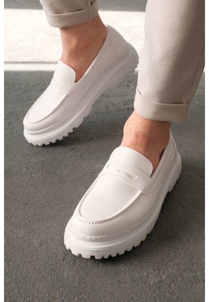 MirgeShoes Beyaz Bağcıksız Erkek Loafer Ayakkabı Yüksek Kalın BYZ Taban MRG01064735