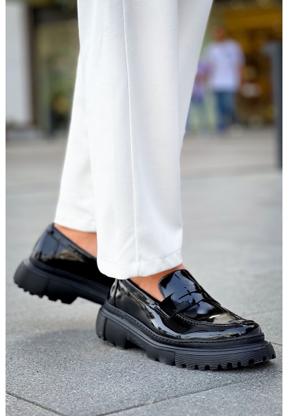 MirgeShoes Parlak Siyah Bağcıksız Erkek Loafer Ayakkabı Yüksek Kalın SYH Taban MRG01064735