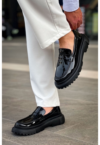MirgeShoes Parlak Siyah Bağcıksız Erkek Loafer Ayakkabı Yüksek Kalın SYH Taban MRG01064735