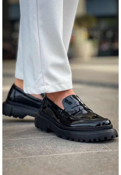 MirgeShoes Parlak Siyah Bağcıksız Erkek Loafer Ayakkabı Yüksek Kalın SYH Taban MRG01064735